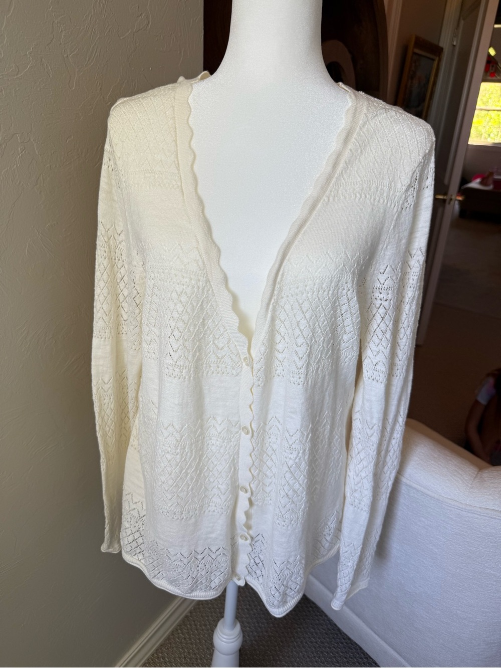Frye XL Ivory Openwork Knit Scalloped Cardigan Sweater Boho